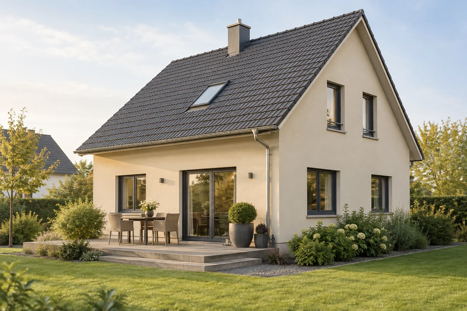 Wohnhaus mit kleiner Terrasse und gepflegtem Außenbereich als neutrales Motiv zur Verkaufsplanung